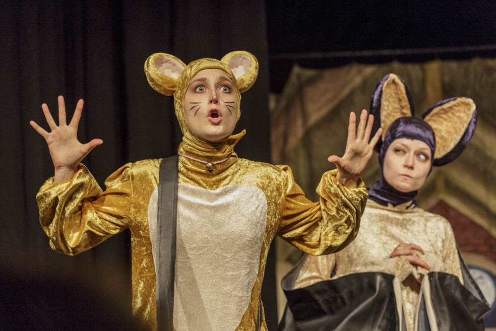 Ein Hamster und eine Fledermaus im Kindertheater Nachts sind alle Hamster grau durch die Schauspielerin Mica Bara und Schauspielerin Maja Makowski verkörpert.